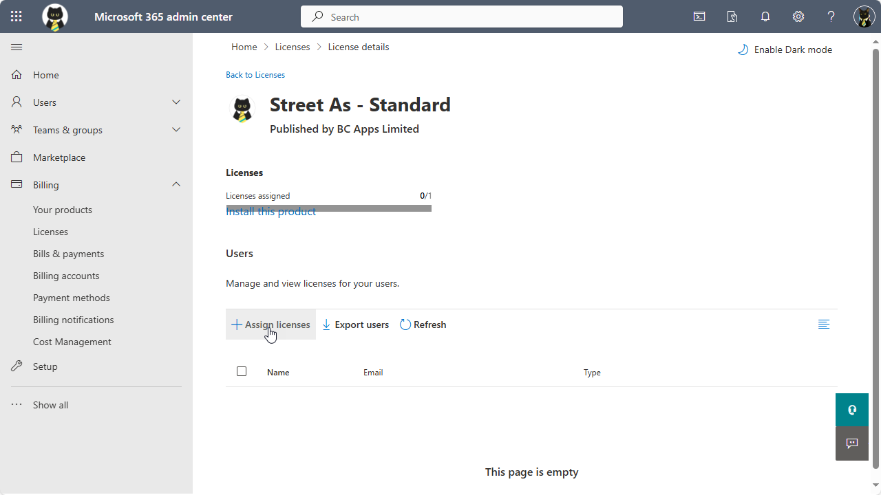 Image showing the Microsoft 365 admin center assign licenses page.