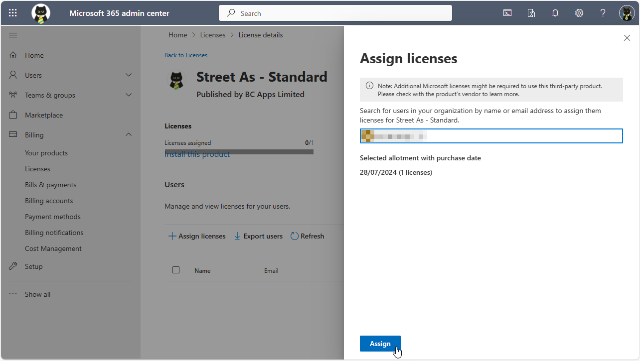 Image showing the Microsoft 365 admin center assign licenses to users page.