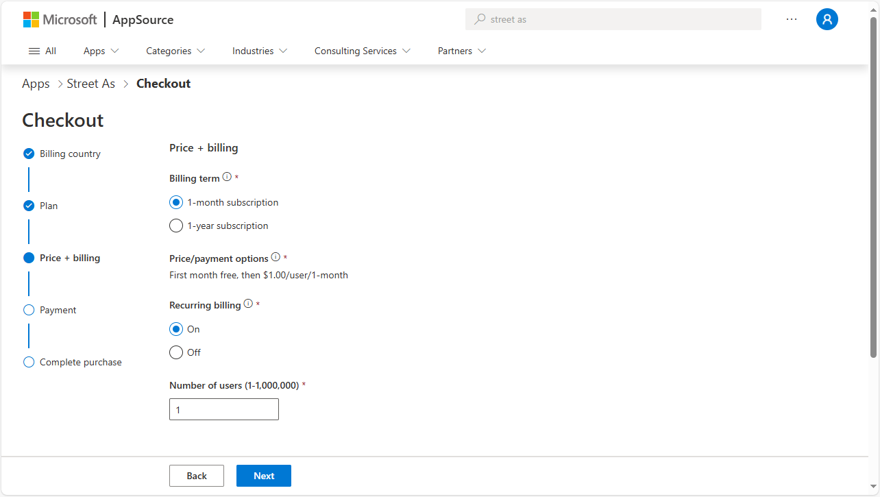 Image showing the Checkout page with a request to select your Price and Billing settings.