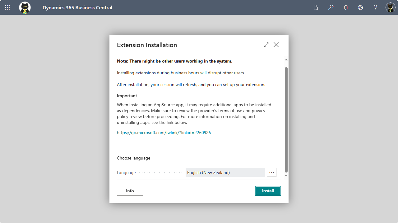 Image showing the Business Central Extension Installation page.