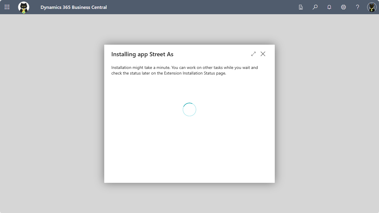 Image showing the Business Central extension is installing message page.